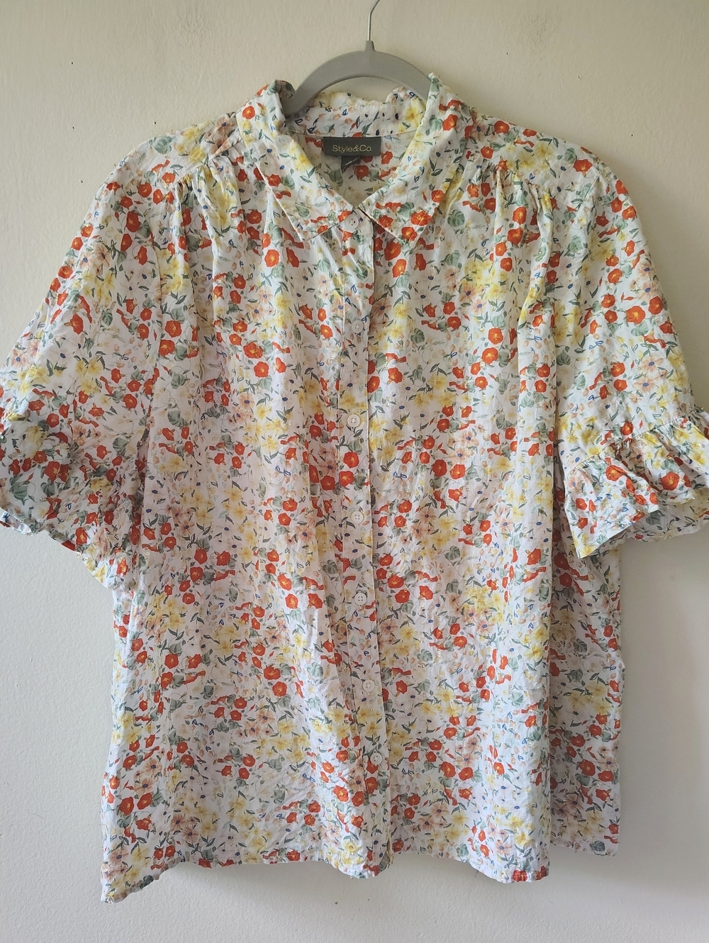 Style & Co Button Down Top XL Floral Boxy Boho Ruffle Collared Metallic Spring